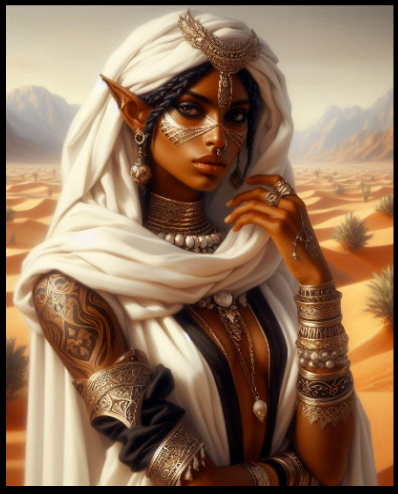 A richly adorned Dark Elf nomad beneath the desert sun