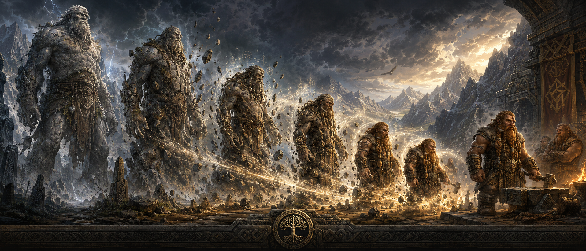 Ancient giants transformed through sacred earth magic into the first dwarves