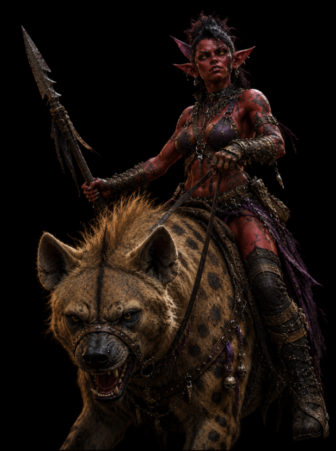 A fierce red-skinned she-goblin riding an armored hyena