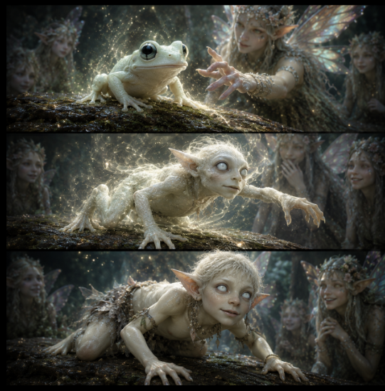 A Fae transforms a pale tree frog into the first goblin
