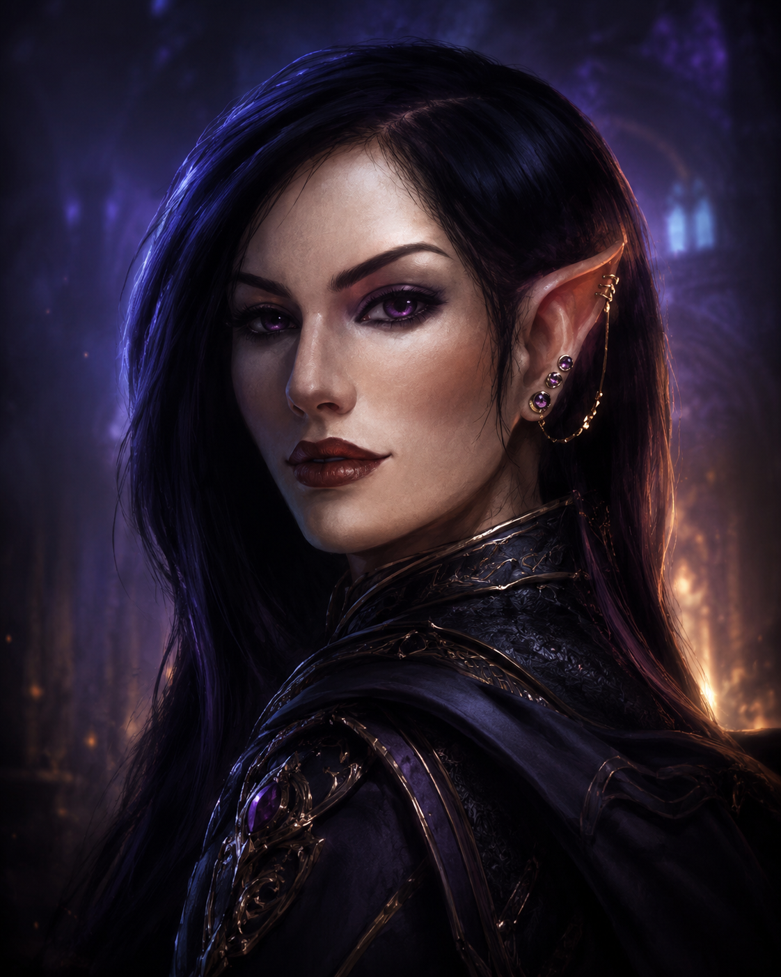 A dark-haired half-elf woman with violet eyes and jeweled ears