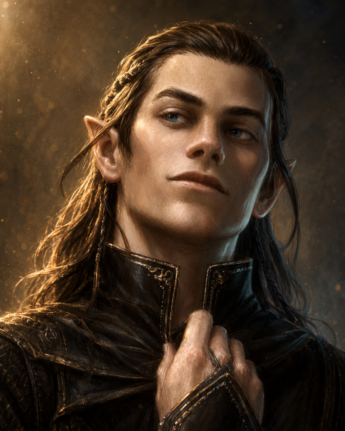 A long-haired half-elf man in a high-collared black coat