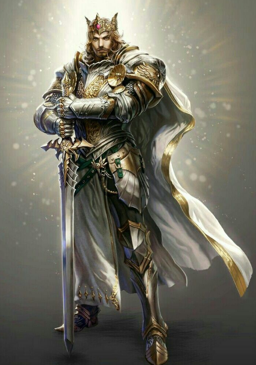 A crowned human noble in ornate silver and gold armor