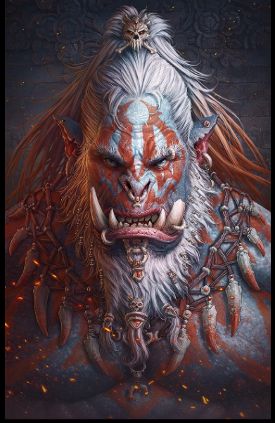 A scarred orc chieftain adorned with war paint, teeth and trophies