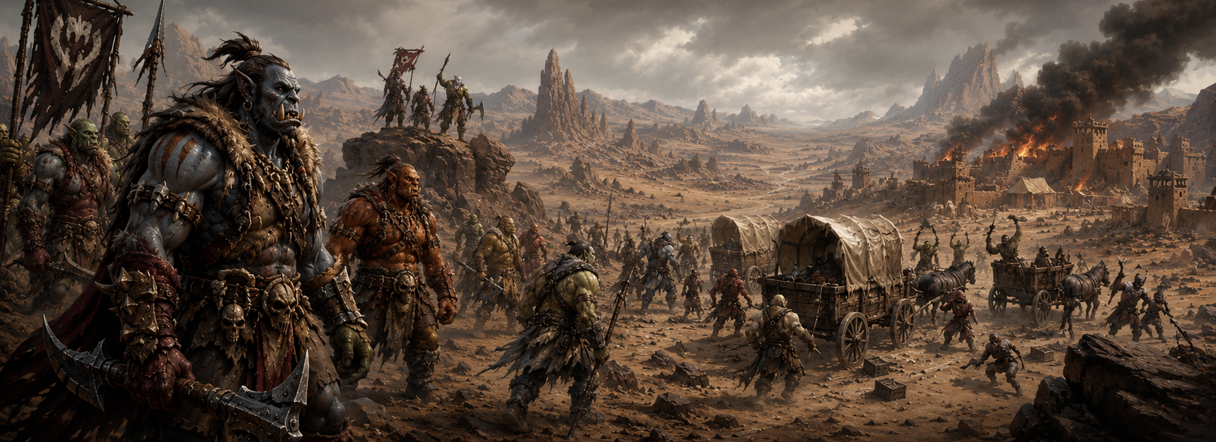 An orcish warband returning from a raid with captured wagons as a settlement burns behind them