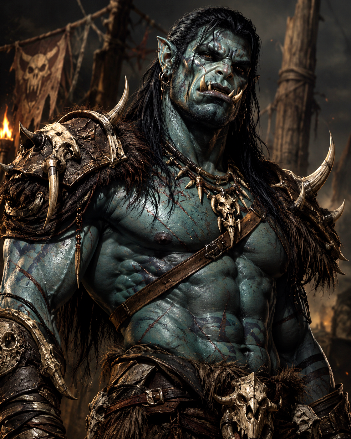 A powerful blue-green orc warrior in primitive hide and bone armor