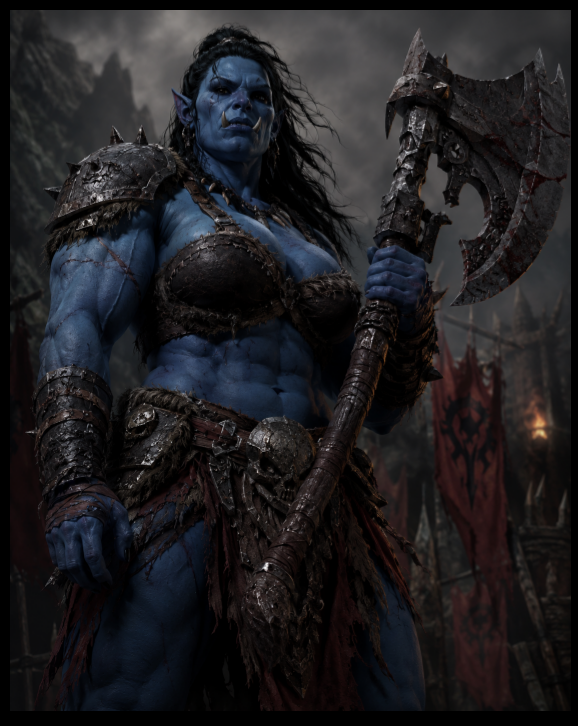 A formidable blue-skinned she-orc warrior bearing a massive axe