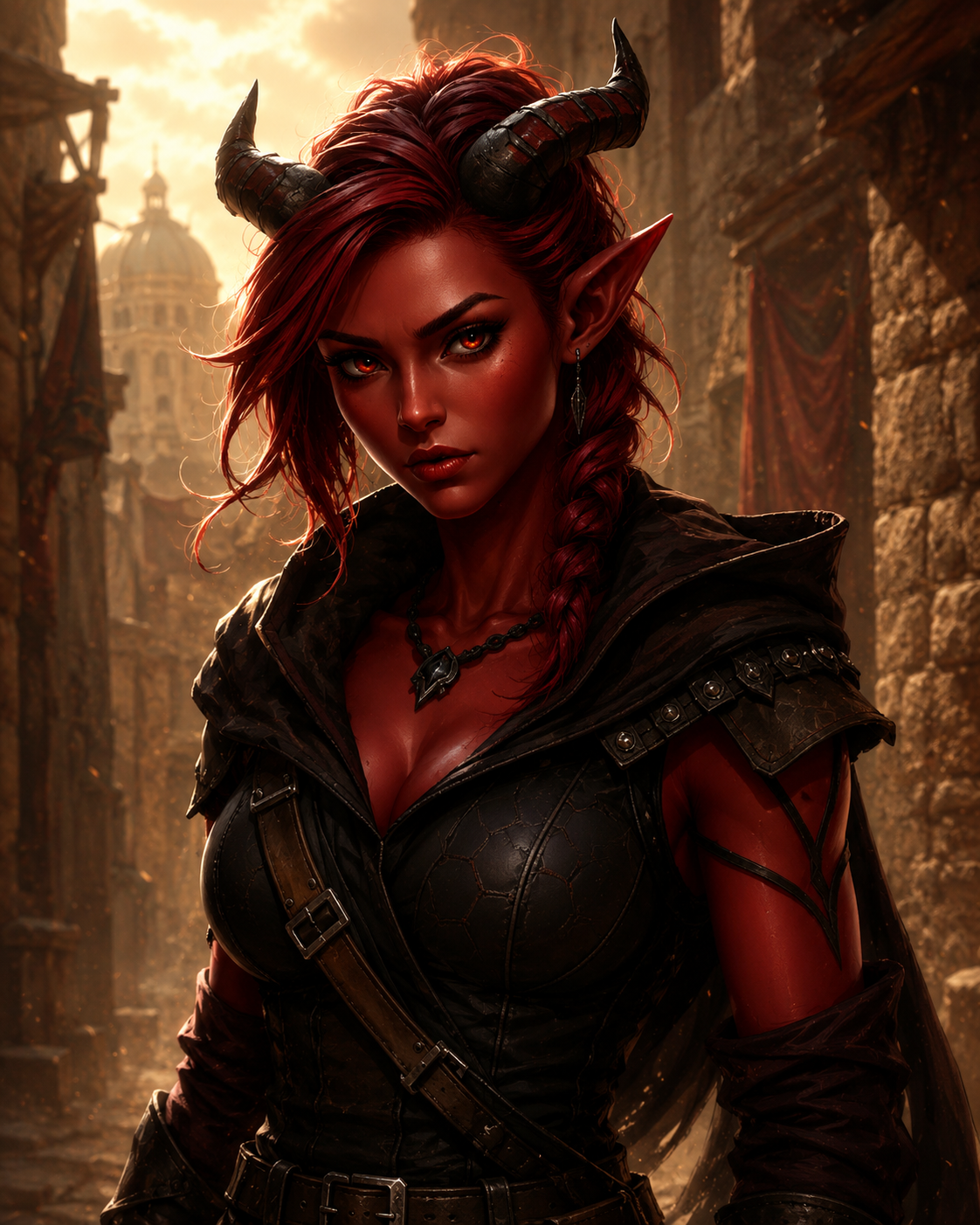 A red-skinned tiefling woman with black horns and dark armor