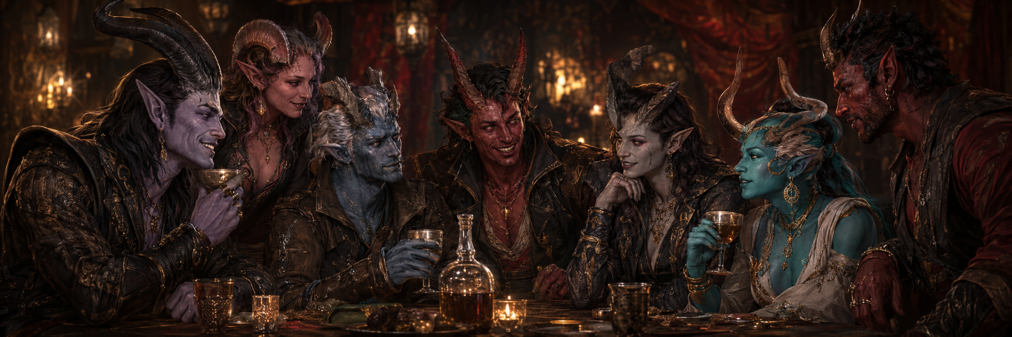 Tieflings of many appearances sharing drink and fellowship in a tavern