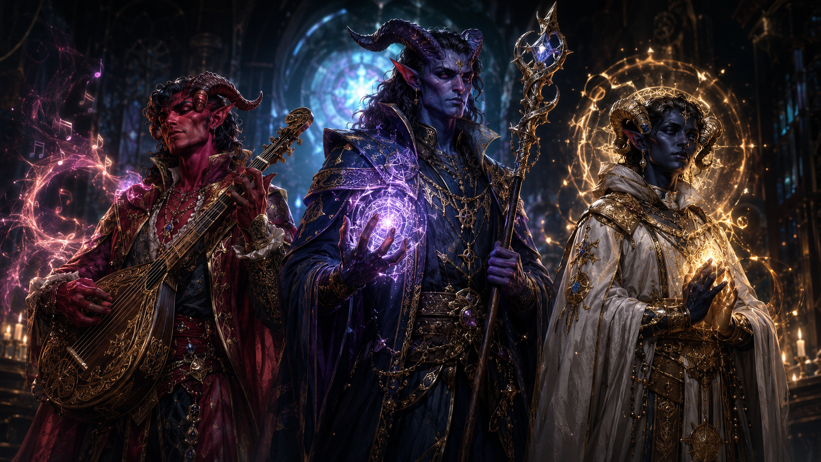 Three tiefling spellcasters wielding music, arcane magic, and divine magic