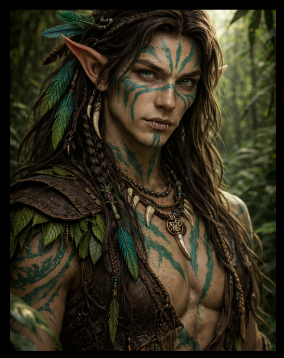 A Wood Elf warden marked in the colors of his forest